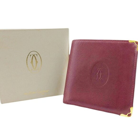 CARTIER Bi -fold Wallet Mastrin Bordeaux Leather Authentic USED - Picture 1 of 11